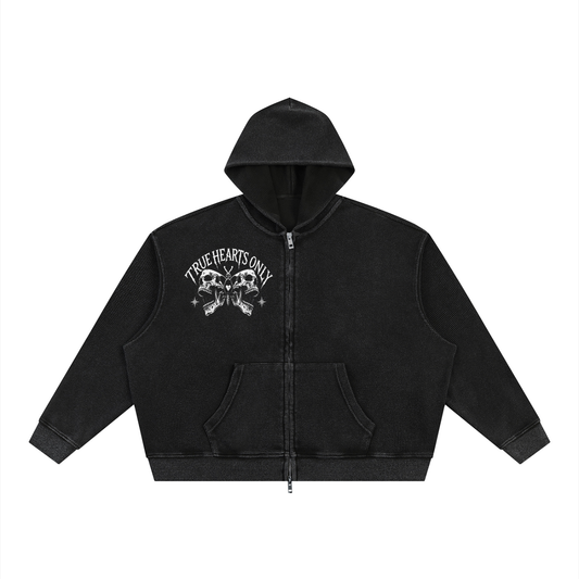 Unisex Vintage Wash Boxy Waffle Full Zip Hoodie